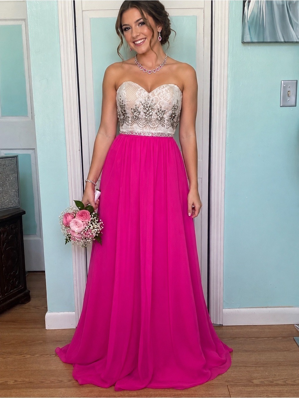 Size 4 Rachel Allan 2037 2 Piece White Fuchsia Prom Aline Dress Gown NWD